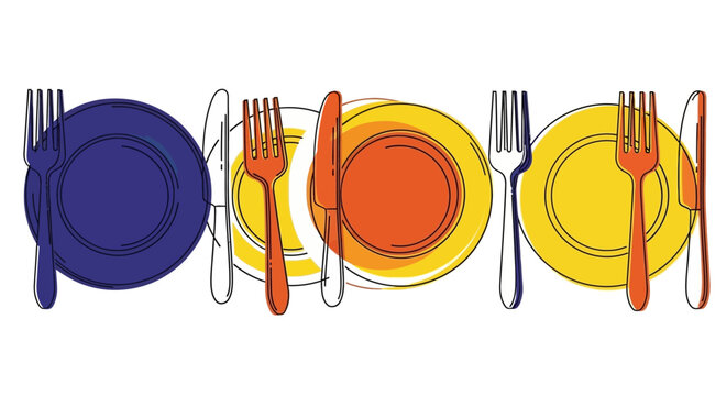 Abstract colorful table setting with plates, forks and knives.