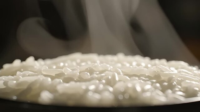 Closeup of steaming white rice in a bowl healthy food preparation.