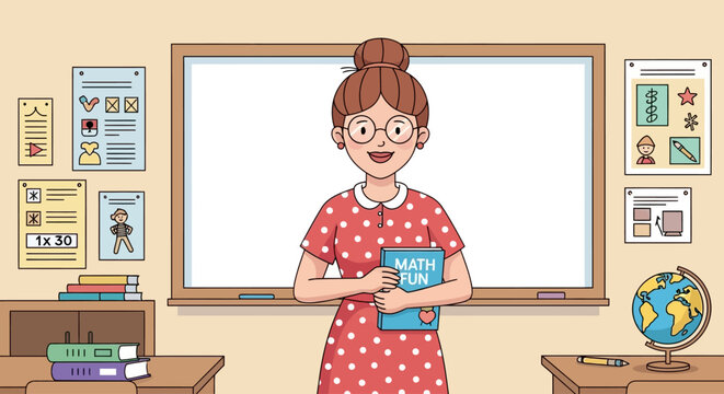 A smiling teacher holds a math book in a classroom.
