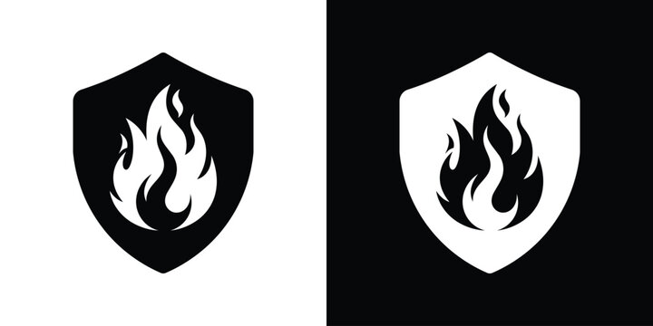Fire safety icon showcasing a prominent protective shield emblem with an inner flame graphic, available in solid black and white minimalist variations.