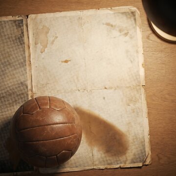 Vintage leather soccer ball on old book pages wood table