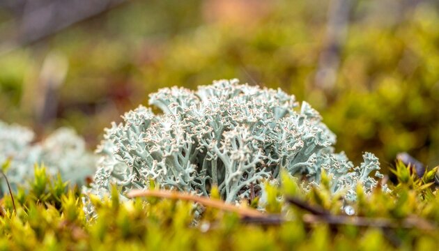 Close-up macro of Iceland moss lichen with lobed thallus on green foliage