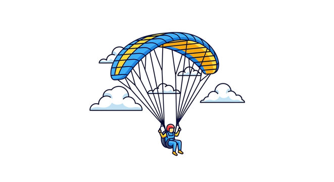 Paraglider soaring through the sky with blue and yellow parachute illustration
