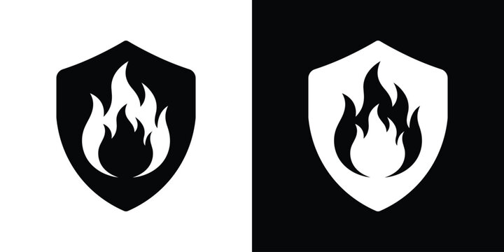 Fire safety icon showcasing a prominent protective shield emblem with an inner flame graphic, available in solid black and white minimalist variations.