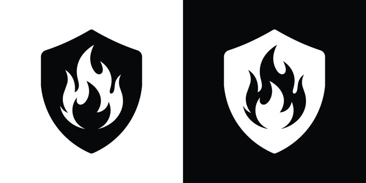 Fire safety icon showcasing a prominent protective shield emblem with an inner flame graphic, available in solid black and white minimalist variations.