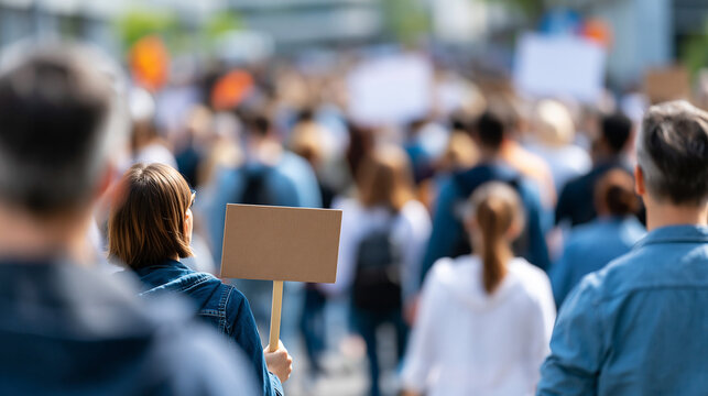 Group of people protesting on a city road in broad daylight, public demonstration and civic rights concept, social movement, diverse crowd, defocused urban background, faceless,