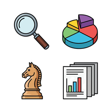 Business strategy management icons featuring a magnifying glass pie chart analytical papers and a chess knight representing logical decision making processes for professional corporate