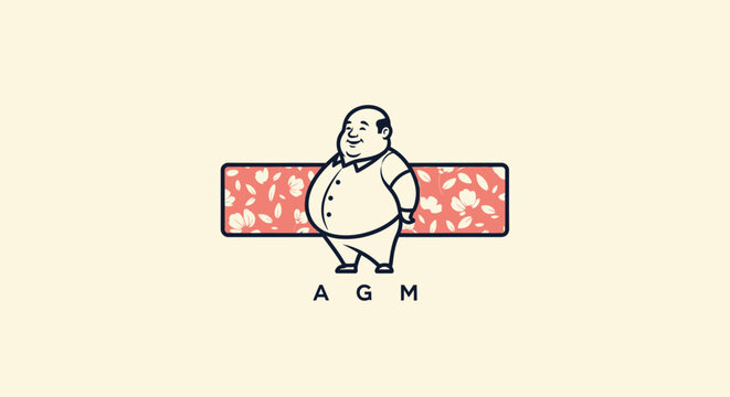 Smiling Overweight Man Character Standing Against Pink Pattern