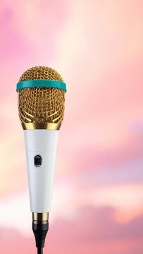 Gold mic with teal accent against pink sky backdrop