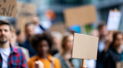 Fototapeta premium Group of young people with posters and banners participating in a protest march, youth activism and social change concept, civil rights demonstration, defocused urban background,