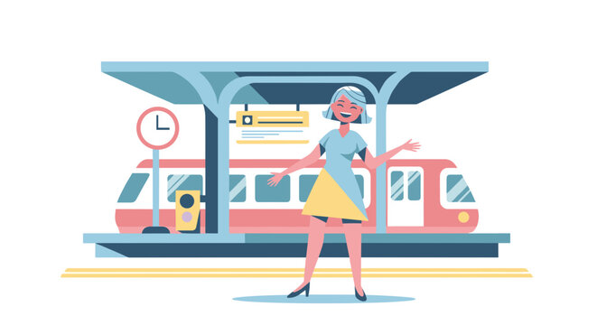 Illustration of a cheerful woman waiting at a modern train station with a clock and train in the background, wearing a stylish outfit, minimalistic design