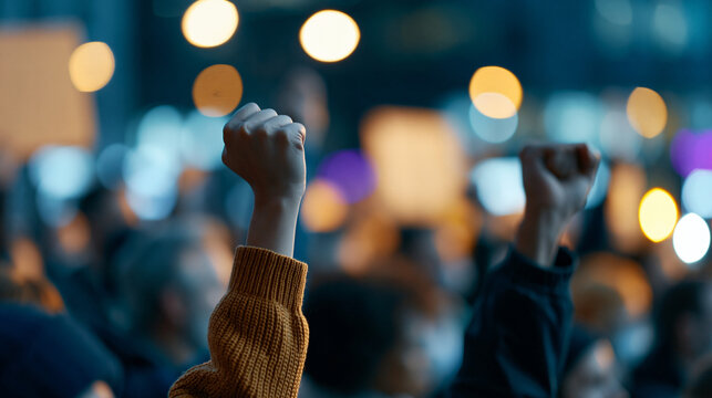 Group of male and female demonstrators protesting against police violence at night, urban civil rights movement concept, tension between protesters and security forces, defocused