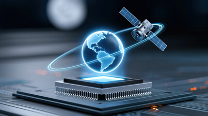 Holographic globe projection above microchip with orbiting satellite, futuristic technology concept and digital connectivity illustration