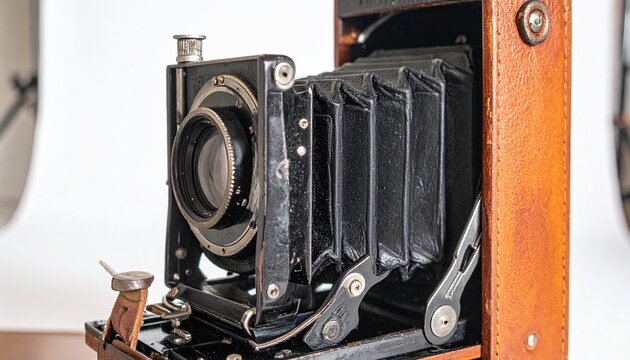 Close-up of vintage box camera with leatherette and metal details on wooden surface
