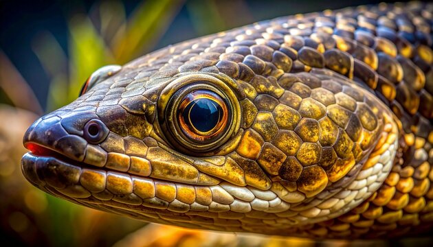 Close-up macro portrait of a snakehead fish with golden scales and reflective eye