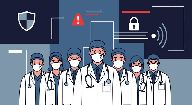 Medical team in protective masks with digital security elements