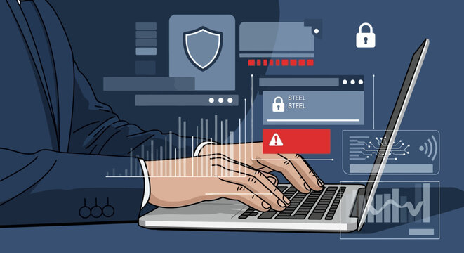 Cybersecurity concept with hands typing on laptop and digital elements in background
