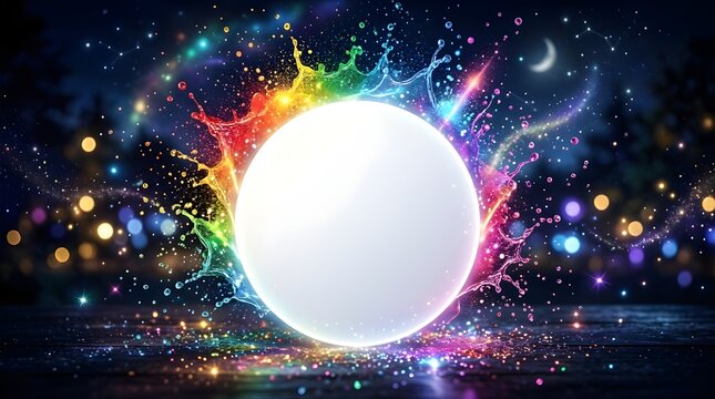 White Circle Mockup Magical Night Rainbow Splash Colorful Lights Dark Background