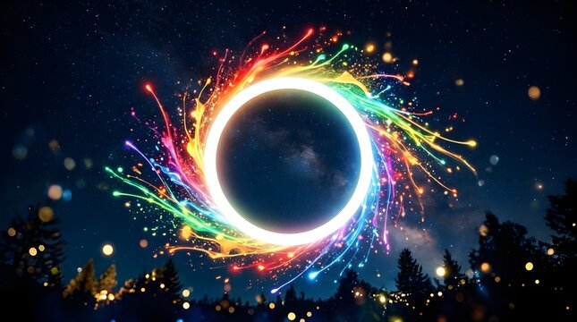 White Circle Mockup Magical Night Rainbow Splash Colorful Lights Dark Background