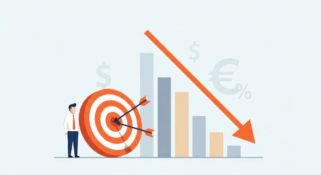 Business Target with Arrow Falling Down Economic Crisis and Downturn Recession Financial Loss Concept in Gray and White Illustration Vector