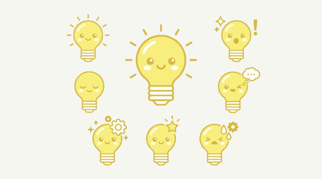 Set of cute kawaii light bulb characters with various expressions.