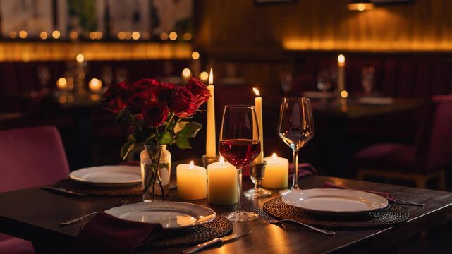 Cozy romantic dinner setting with flickering candles and red roses in a warm intimate atmosphere