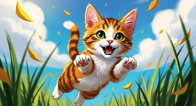 Orange tabby kitten jumping in grass with falling autumn leaves digital painting