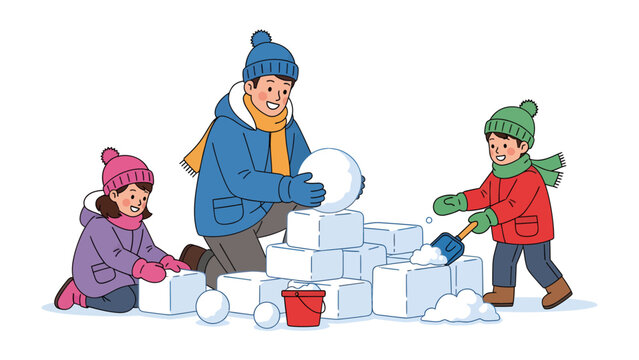 Winter Fun Construction: A father and his two children joyfully build a snowman and an igloo from snow blocks in a winter wonderland, highlighting family bonding and outdoor recreation.