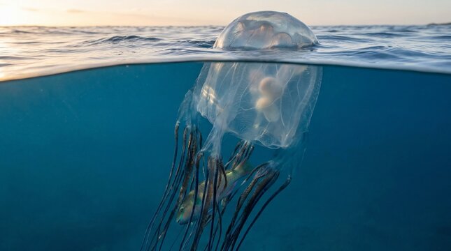 Majestic Translucent Box Jellyfish Floating at Sunset: Cinematic Split Shot in the Deep Blue Ocean Surface (Generative AI)