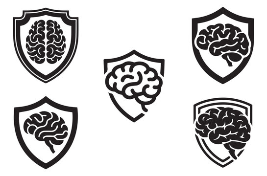 Brain protection shield vector icons set representing human mind safety cognitive health intelligence security neurological wellness medical mental awareness conceptual graphic symbol