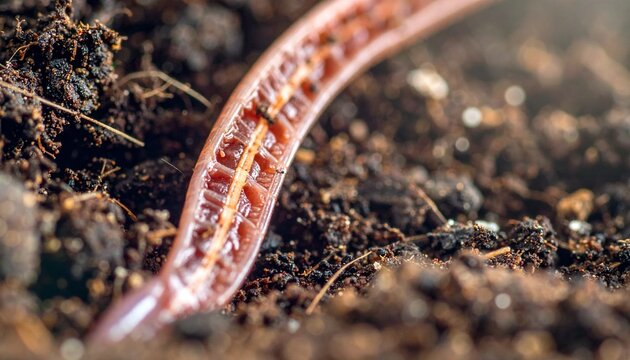 Close-up macro of earthworm cross-section in soil with clitellum detail