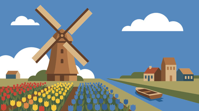 Wooden Windmill in Traditional Dutch Landscape