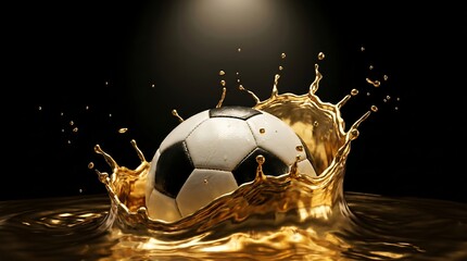 Fototapeta premium Soccer ball splashing in golden liquid on black background