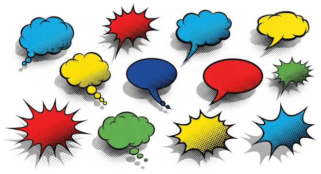Collection of colorful comic book style speech bubbles and thought bubbles.