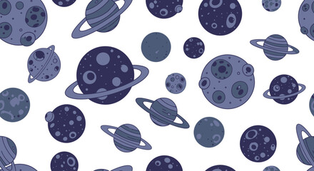 Whimsical Seamless Pattern of Cartoon Planets and Celestial Bodies © sitimmk