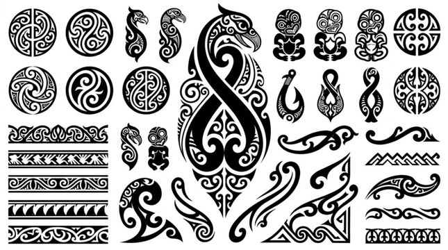 Collection of Maori Tribal Tattoo Designs and Symbols.