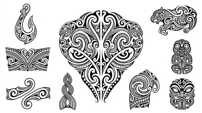 Collection of Maori Tribal Tattoo Designs and Symbols.