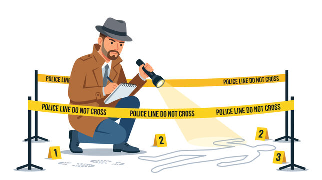 Detective Investigating Crime Scene with Chalk Outline and Police Tape
