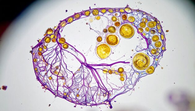 Microscopic view of mycorrhizal fungi colonizing plant root cells in thin section