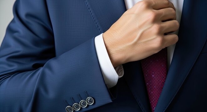 Businessman adjusting his tie closely.