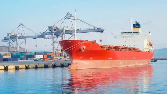 Large red cargo ship docked at busy port with shipping containers cranes and industrial activity