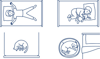 Children, pets sleeping in beds or floor, creative line art illustrations, top view perspective.