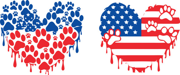 Fototapeta premium Paw Prints Hearts Design in Patriotic American Flag Colors. Red, White, and Blue Graphic Illustration for National Pride.