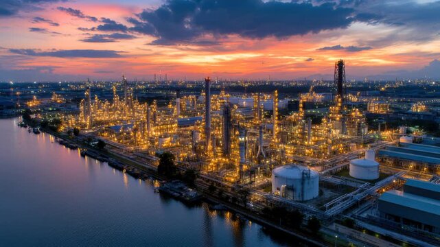 Oil refinery complex glowing at dusk, petrochemical plant, energy infrastructure, industrial landscape, sunset industrial scene, refinery.