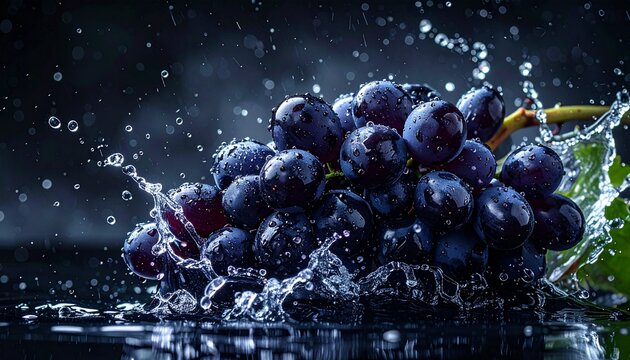 Black grapes exploding through water splash with dramatic lighting effects