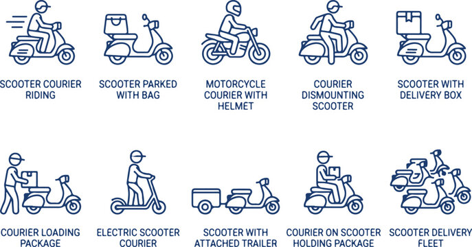 Scooter courier icons set for delivery service transportation and logistics in urban environment with different vehicle types and actions.