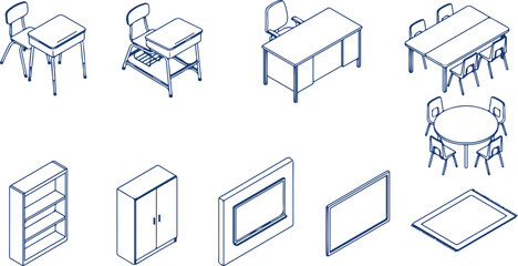 Classroom and school furniture isometric icons set including desks chairs tables cabinets and storage for educational environment. © Sadhin