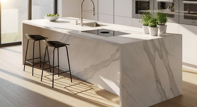 Modern kitchen island with marble countertop and bar stools