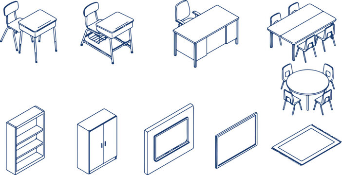 Classroom and school furniture isometric icons set including desks chairs tables cabinets and storage for educational environment.
