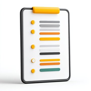 A stylized 3D clipboard featuring colored bullet points and horizontal lines, representing a checklist or organized list on a white background.